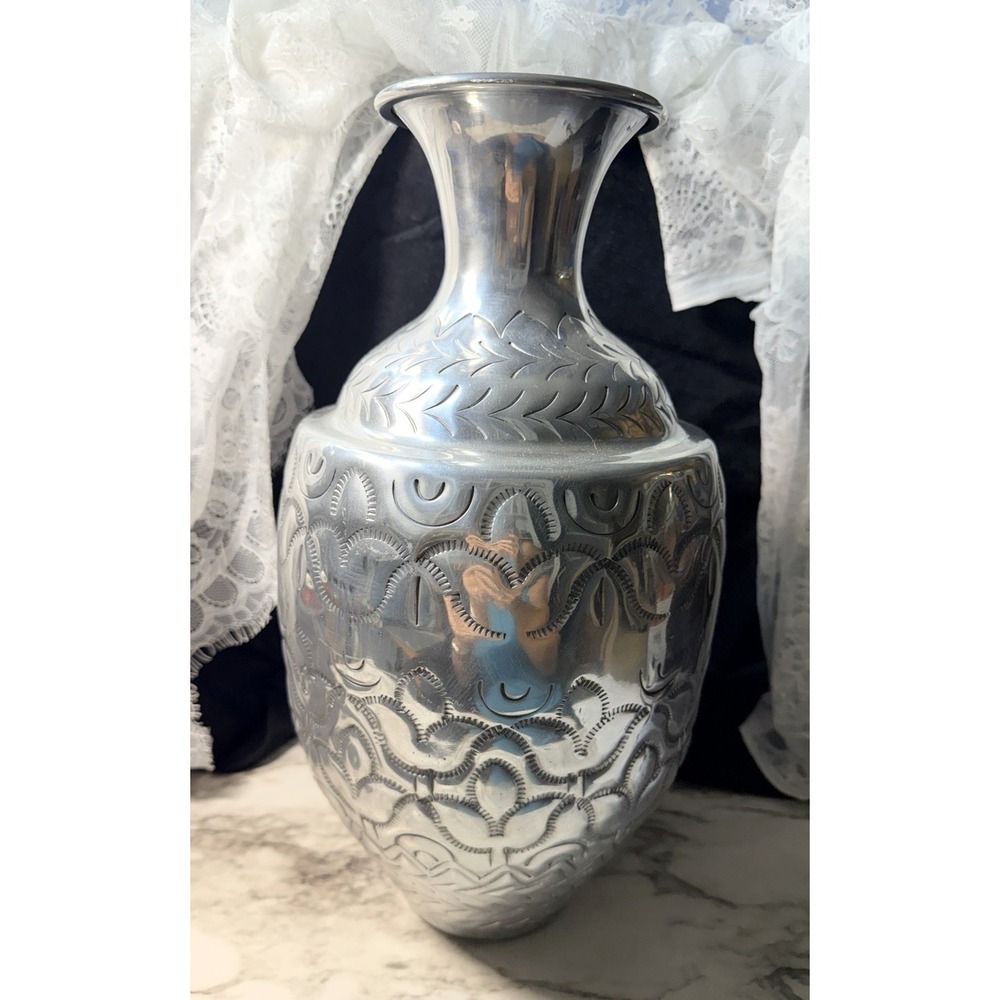 VTG Handcrafted Silver Metal Vase Indian Hammered 14" Flared Mouth (P2936)